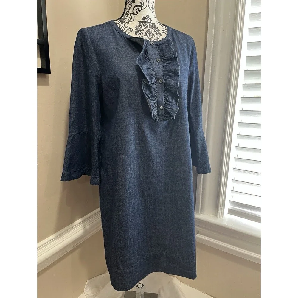 Draper James Denim Blue Chambray Ruffle Shift Dress Sz 8 Western Preppy Church - Picture 9 of 16